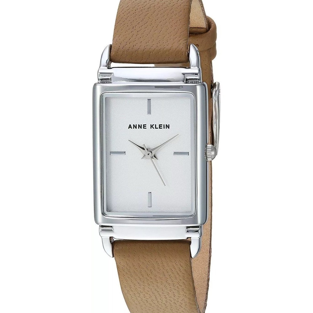 Anne Klein Rectangle Watch Women Silver Tan Leather Band Excellent Minimalist